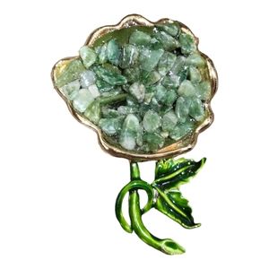 Estate Find Vintage Jade Chips Gold Tone Costume Jewelry Rose Brooch Pin 2.5” L